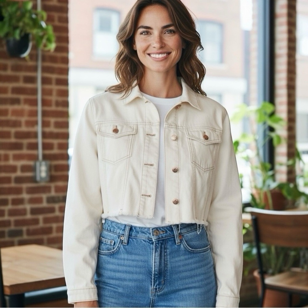 Wild Fable Cream Cropped Denim Trucker Jacket XL Raw Hem NWOT - Picture 1 of 11